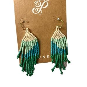 Plunder Beaded Fringe Earrings in Cream, Teal & Green